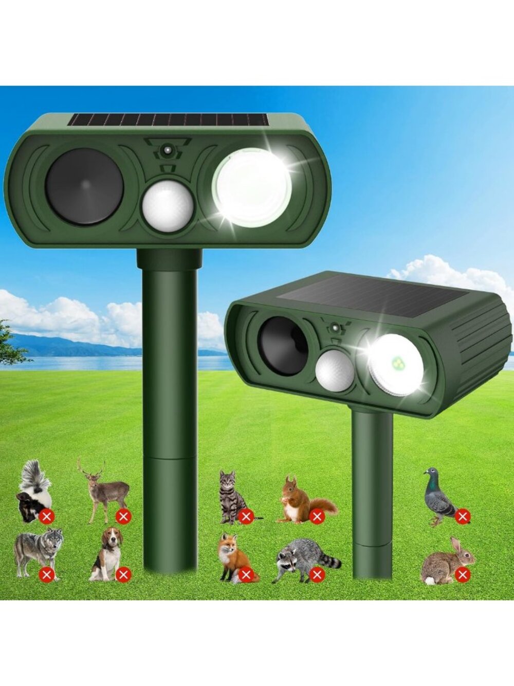 2 Pack Waterproof Solar Ultrasonic Animal Repellent - Motion Detection for Yard